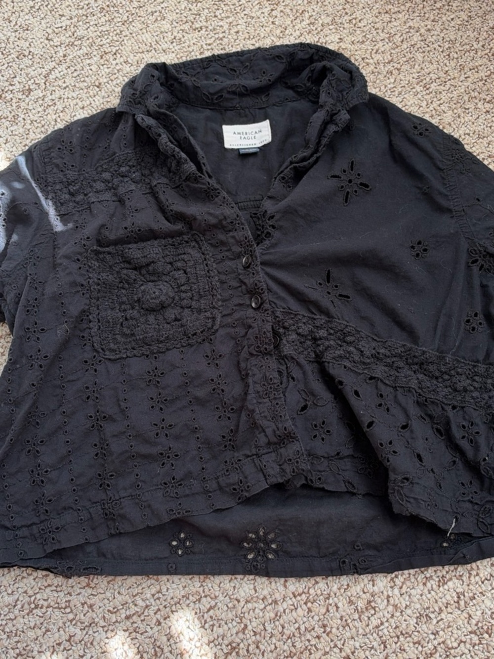 American Eagle Outfitters Black Eyelet Button-Front Shirt